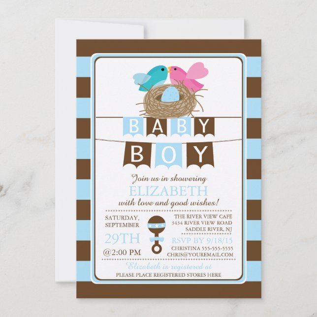 Cute Birds Nest Boys Baby shower Invitation (Devant)