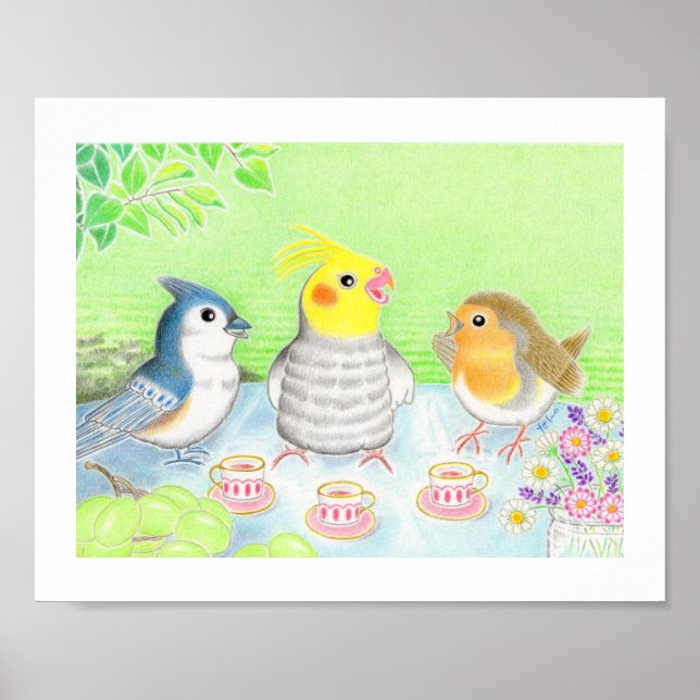 Cute Birds Tea Party Nursery Art Print Poster (Devant)