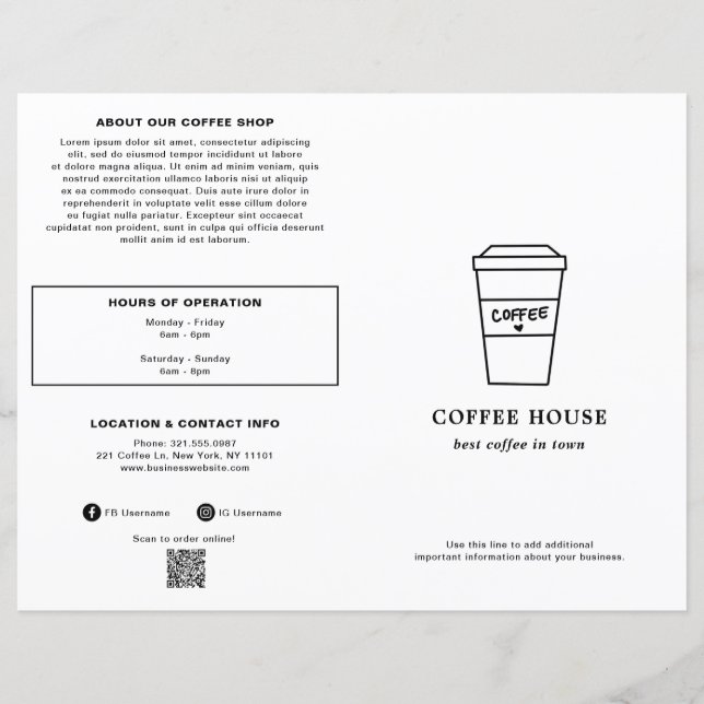 Cute Black and White Coffee Cup Coffee Shop Menu (Devant)