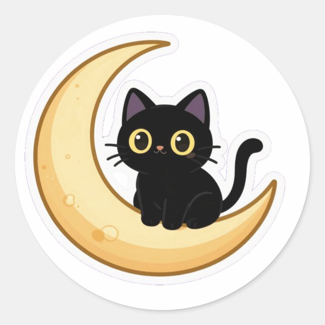Cute Black Cat on Crescent Moon Sticker (Devant)