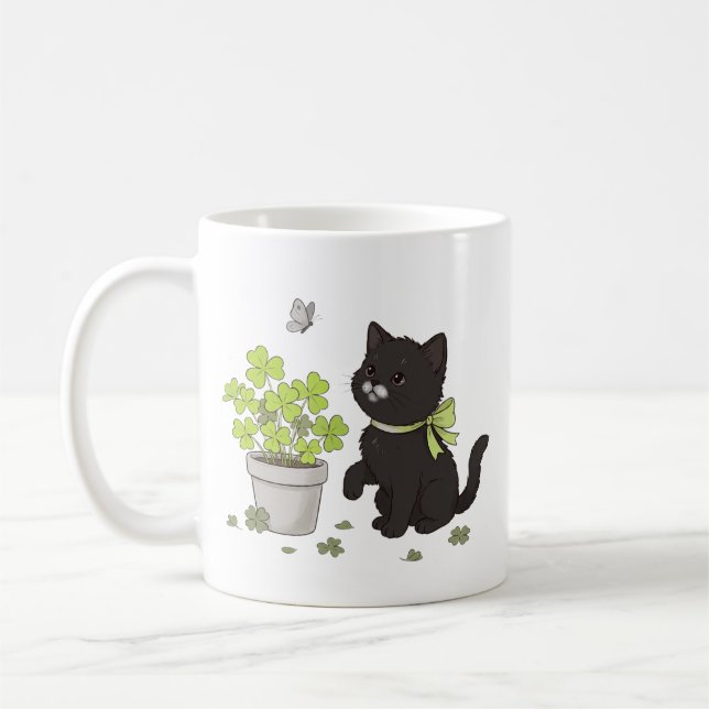 Cute Black Kitten Cozy Nature Cat Illustration Mug (Gauche)