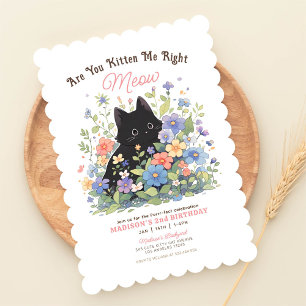 Cute Black Kitten Floral Invitation Anniversaire