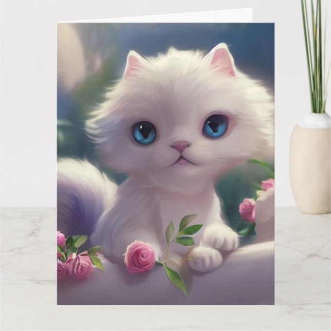 CUTE BLANC CHAT CUISINE ART GRANDE carte d'anniver (Devant)