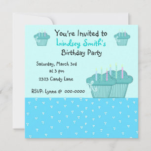 Cute Blue Birthday Cupcakes Invitation