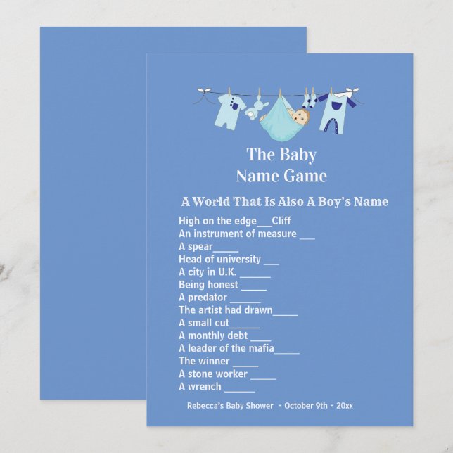 Cute Blue Boy Baby shower Devinant Invitation Jeu (Devant / Derrière)