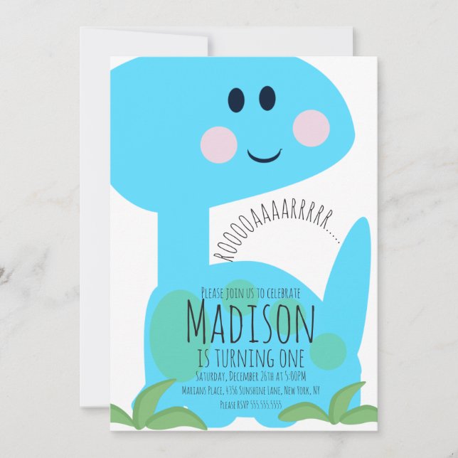 Cute Blue Bright Dinosaur Invitation Anniversaire (Devant)