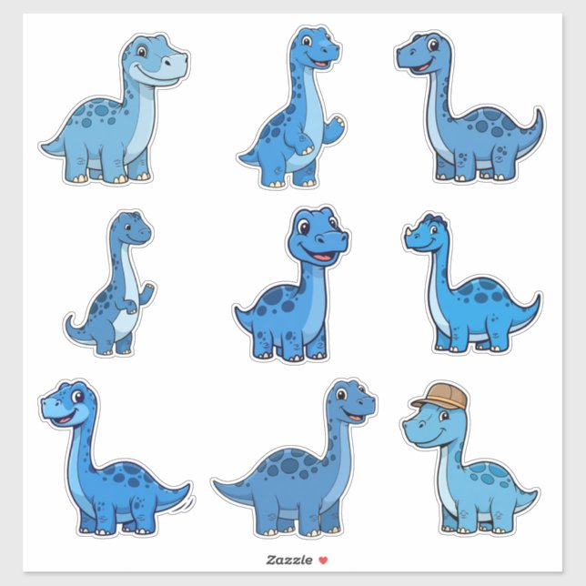 Cute Blue Brontosaurus Dinosaur Vinyl Sticker (Feuille)