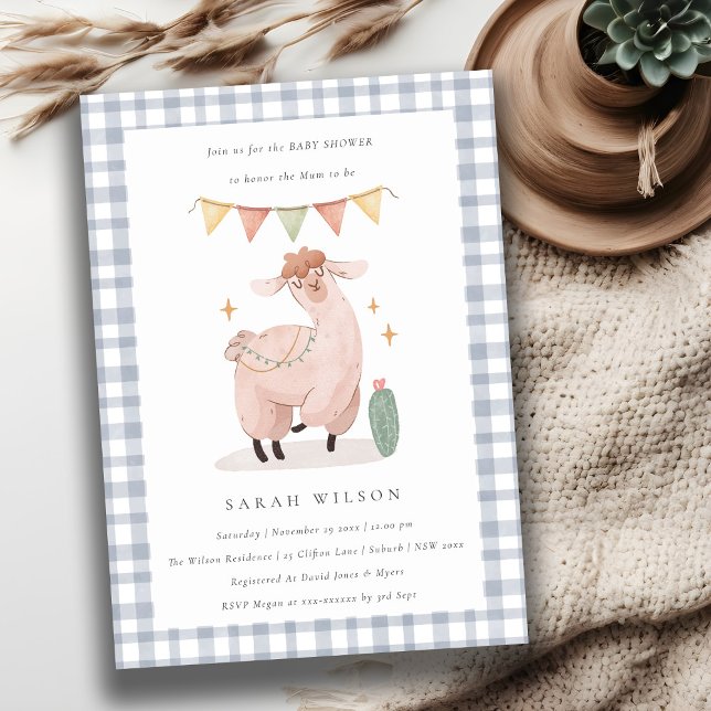 Cute Blue Cactus Boho Llama Baby shower Invitation (Créateur téléchargé)
