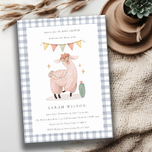 Cute Blue Cactus Boho Llama Baby shower Invitation