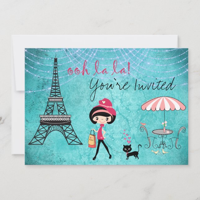 Cute Blue Girl and Cat Paris Invitation d'annivers (Devant)