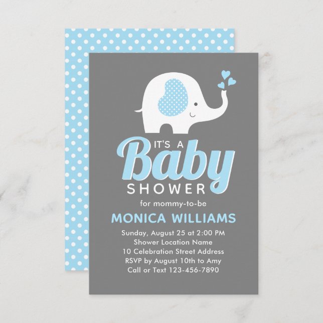 Cute Blue Grey Boy Elephant Baby shower Invitation (Devant / Derrière)