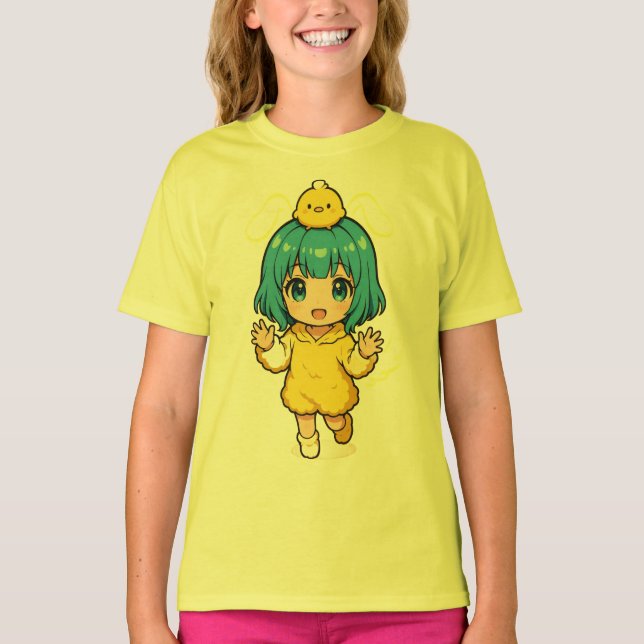 Cute Blue-Haired Chibi Girl in Chick T-Shirt (Devant)