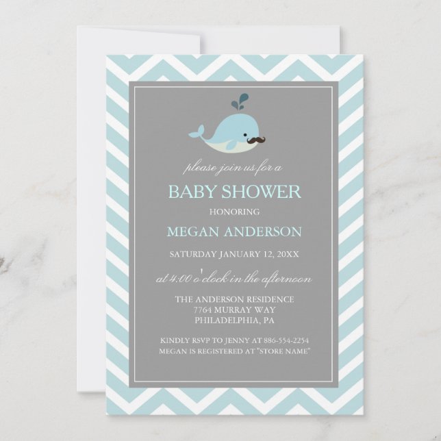 Cute Blue Mustache Whale Boy Invitation Baby showe (Devant)