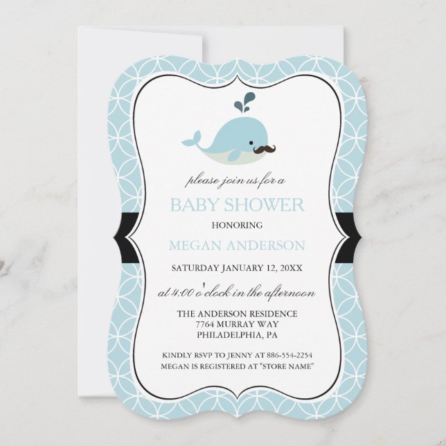 Cute Blue Mustache Whale Boy Invitation Baby showe (Devant)