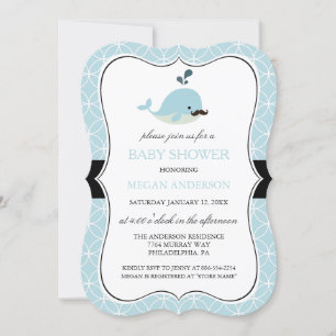 Cute Blue Mustache Whale Boy Invitation Baby showe