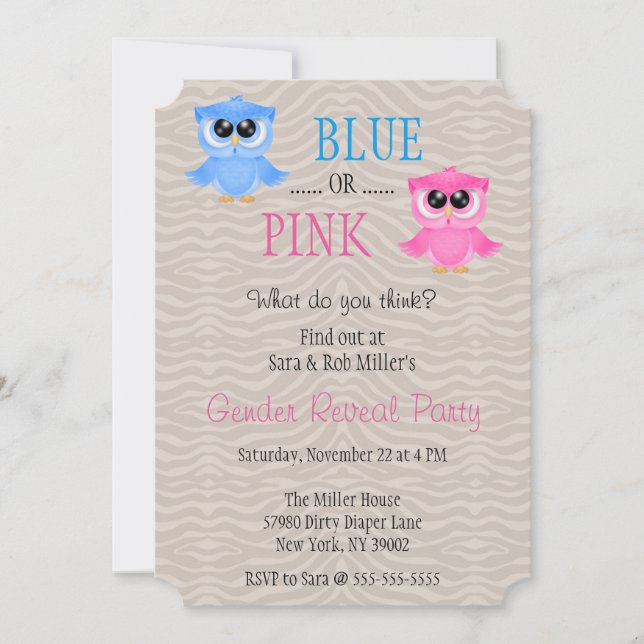 Cute Blue ou Pink Owl Invitation de la révélation  (Devant)