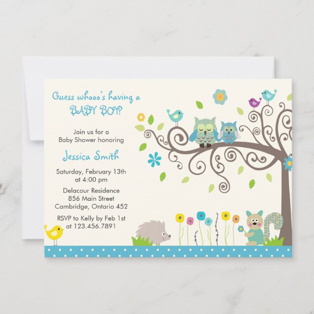 Cute Blue Owl Boy Baby Shower Invitations (Devant)