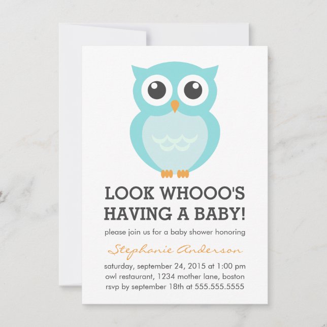 Cute Blue Owl Boy Baby Shower Invitations (Devant)