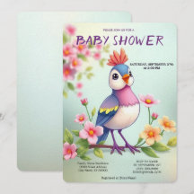 Cute Blue Pink Bird Floral Baby Shower Invitation