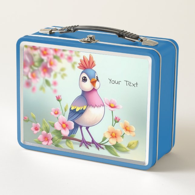 Cute Blue Pink Bird Floral Metal Lunch Box (Devant)