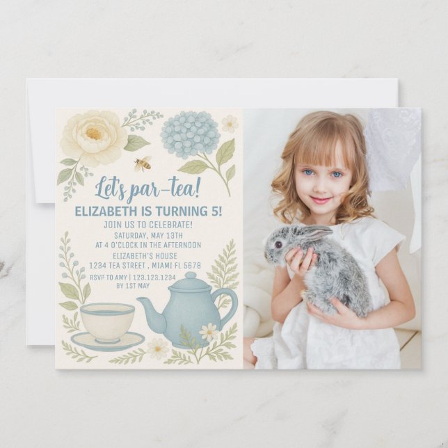 Cute Blue Tea Party Anniversaire Invitation (Devant)
