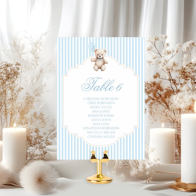 Cute Blue Teddy Bear Balloon Baby Boy Table Number (Créateur téléchargé)