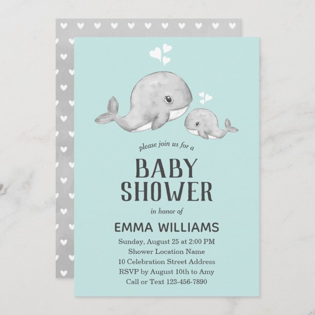 Cute Blue Whale Baby shower Invitation - Garçon (Devant / Derrière)