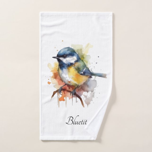 Cute Bluetit sur une branche, personnalisé (Serviette à main)