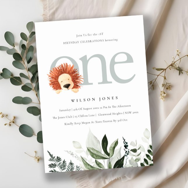 Cute Boho Lion Foliage Premier Invitation de fête  (Créateur téléchargé)