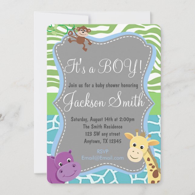 Cute Boy Baby shower Zoo Invitation d'animaux (Devant)