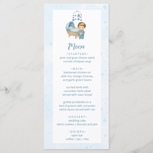 Cute Boy Blue Nursery Baby shower Party Menu (Devant)