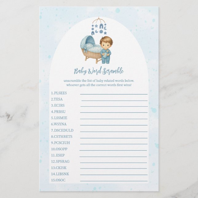 Cute Boy Blue Nursery Baby shower Word Scramble (Devant)