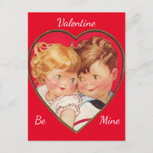 Cute Boy & Girl Heart Carte postale Valentine Vint