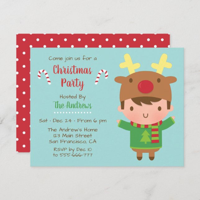 Cute Boy Reindeer Casquette Noël Invitations (Devant / Derrière)