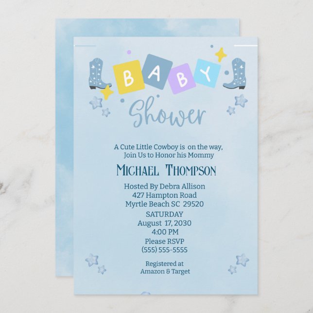 Cute Boys Cowboy Baby shower Invitation (Devant / Derrière)