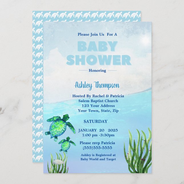 Cute Boys Sea Turtles Baby shower Invitation (Devant / Derrière)