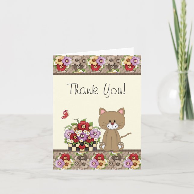 Cute Brown Chat, Fleurs et Merci papillon (Devant)