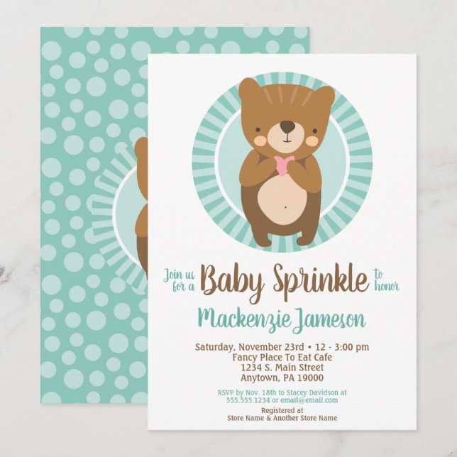 Cute Brown Ours Bébé Sprinkle Invitation Neutral (Devant / Derrière)