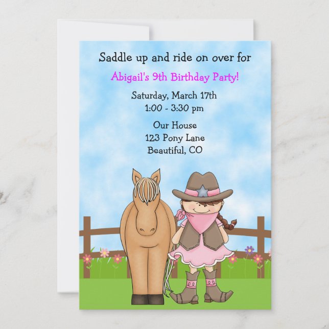 Cute Brunette Cowgirl and Horse Invitation d'anniv (Devant)