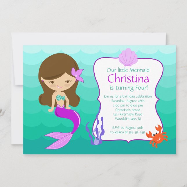 Cute Brunette Mermaid Invitation d'anniversaire (Devant)