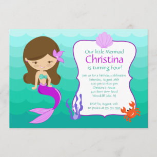 Cute Brunette Mermaid Invitation d'anniversaire