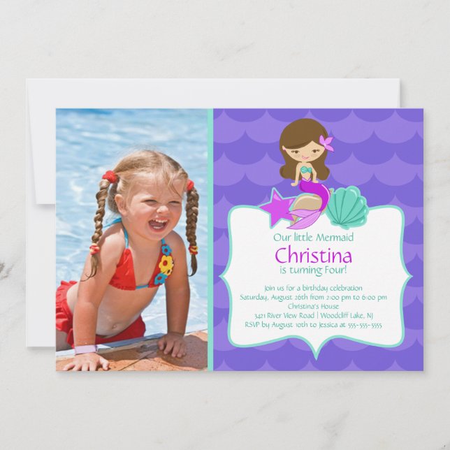 Cute Brunette Mermaid Photo Invitation d'anniversa (Devant)