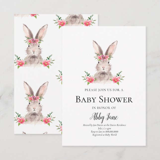 Cute Bunny Baby shower Invitation fille (Devant / Derrière)