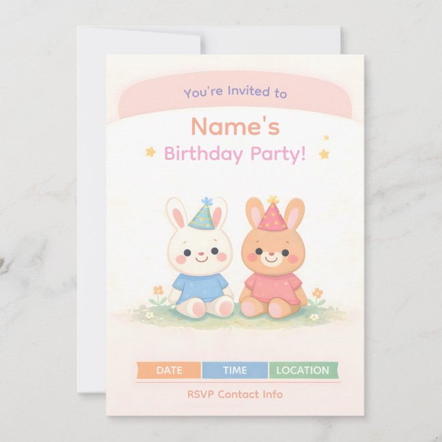 Cute Bunny Birthday Invitation | Pastel Kids Birth (Devant)