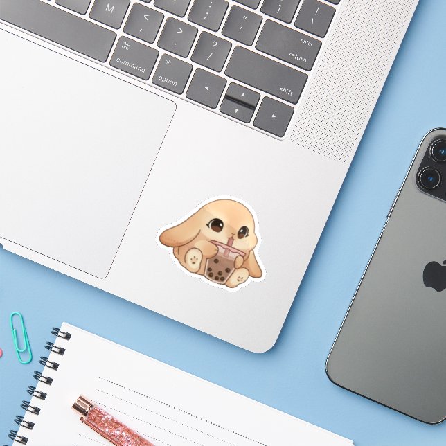 Cute Bunny Drinking Boba Tea Sticker (Ordinateur portable avec iPhone)