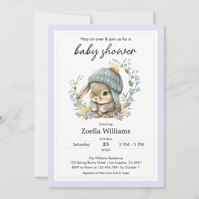 Cute Bunny Flowers Spring Baby Shower Invitation (Devant)