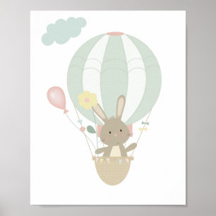 Cute Bunny In Blue Hot Air Balloon Nursery Poster 