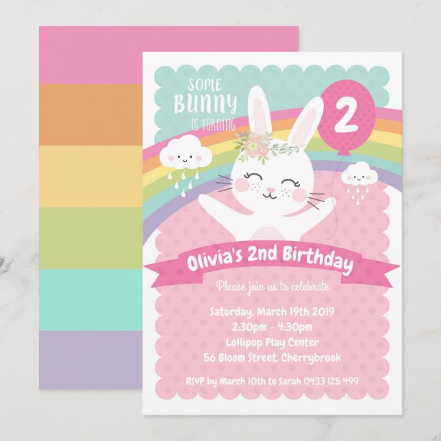 Cute Bunny Invitations Anniversaire Filles Arc-en- (Devant / Derrière)
