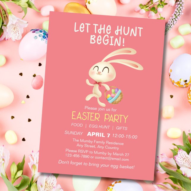 Cute Bunny Pâques Brunch Invitation chasse oeufs (Easter Party Invitation with Cute Bunny running for egg hunt)