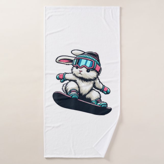 Cute Bunny Performing Snowboarding Trick Kids East (Serviette de bain)